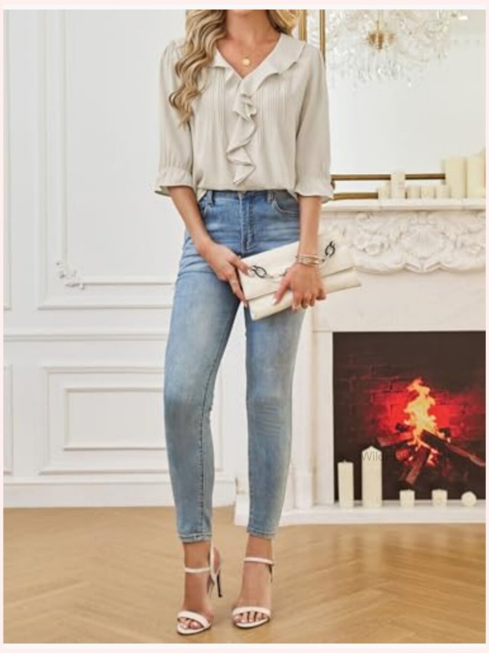 Victorian Ruffle Blouse 3/4 Sleeve V-Neck Business Casual Top Summer Work Shirt - Picture 3 of 6